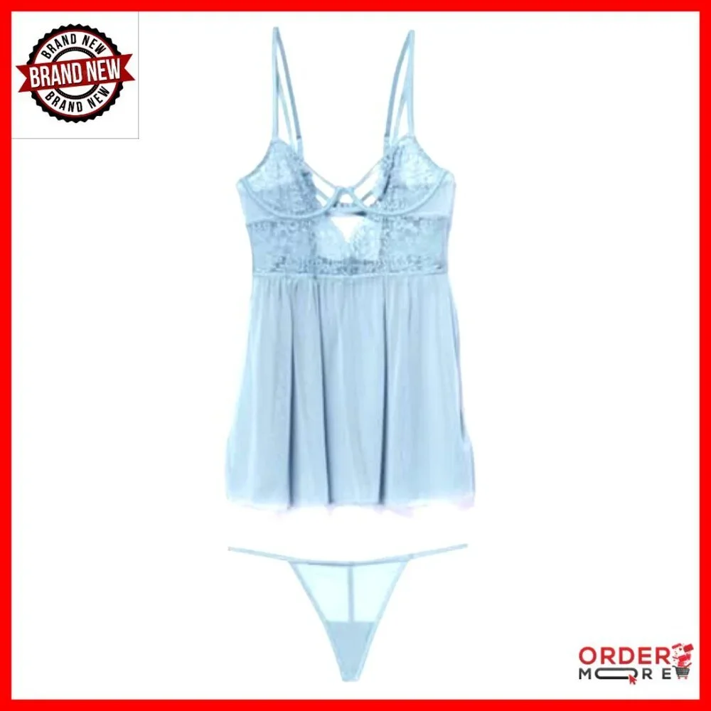 XS-4X Lace Babydoll Dress with Underwire Bra & Thong Set